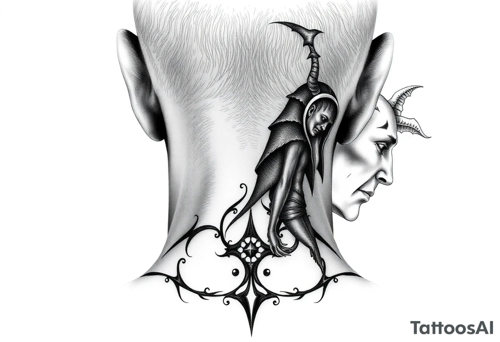 position behind the neck Angel (on the right) whispering in the right ear, demon (on the left) whispering in the left ear tattoo idea
