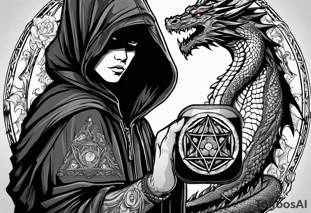 Hooded figure holding a D20, surrounded by a dragon tattoo idea