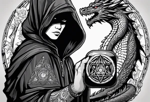 Hooded figure holding a D20, surrounded by a dragon tattoo idea