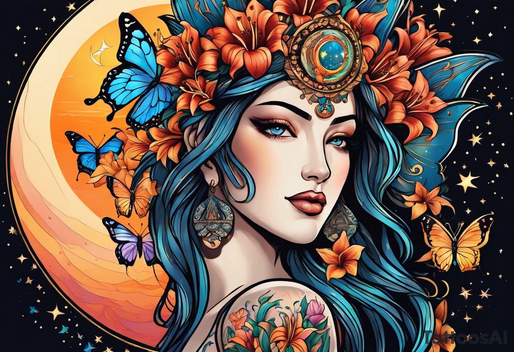 Forward-facing, portrait full length of creation goddess standing upright.  Butterflies. Lillies at feet. Arms raised and hands cupped towards sky. Sun, moon and stars in background tattoo idea