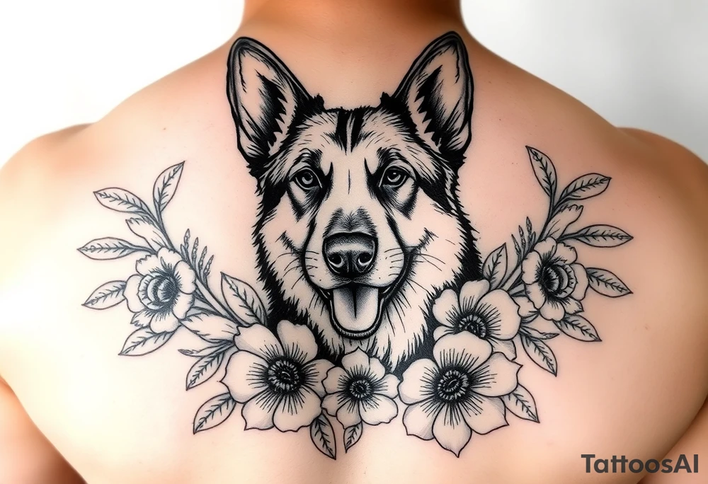 german shepherd dog with flowers tattoo idea