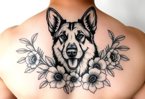 german shepherd dog with flowers tattoo idea