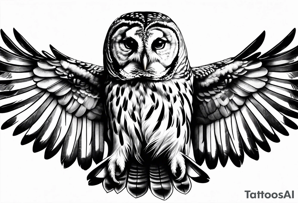 barred owl wings outstretched with a snake in its feet tattoo idea