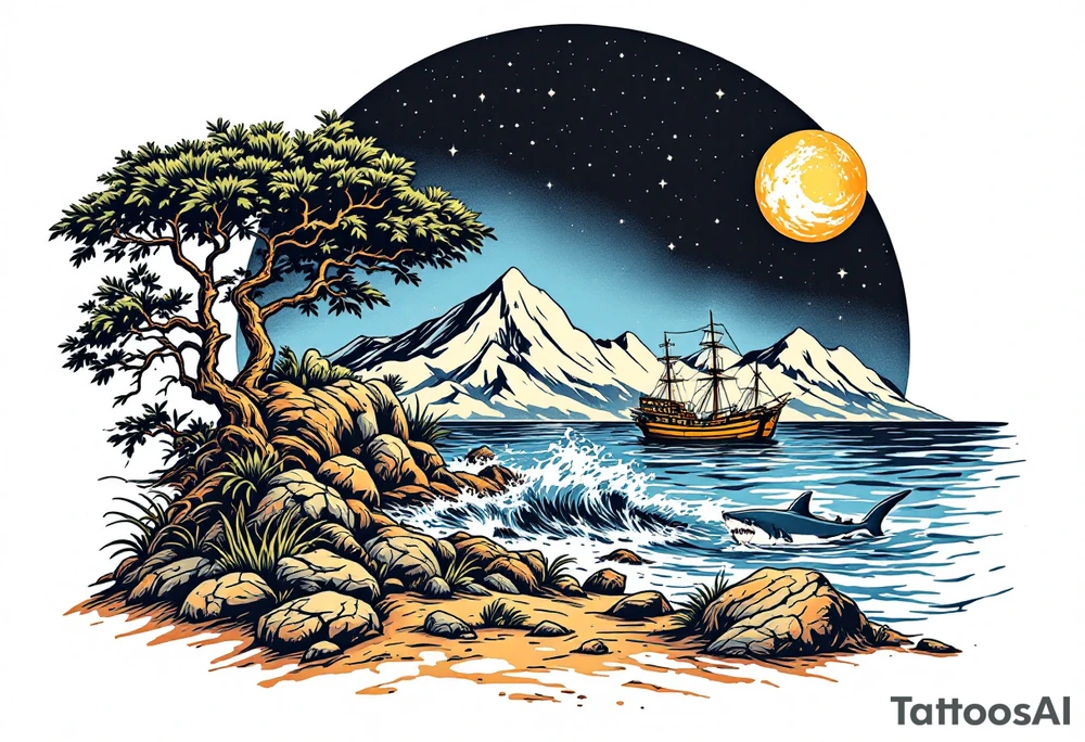 tattoo that has an acacia tree with mountains, ocean with a ship wreck with sharks and the northern star tattoo idea