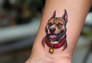 Comic-style pitbull with exaggerated grin, chocolate brown coat, thick black lines, bold red collar with a gold tag. tattoo idea