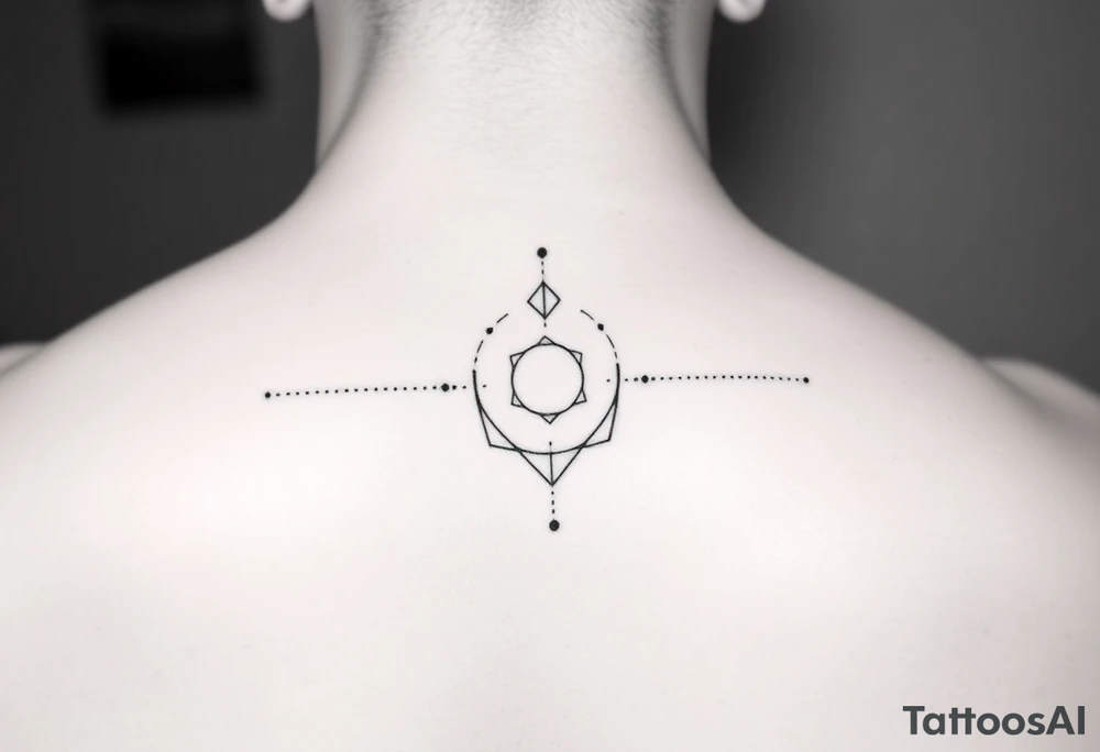 Create a tattoo design sketch for a 35-year-old man incorporating the concepts of love, faith, balance, eternity, infinite. The design should follow a minimalist and masculine style, utilizing fine-dot detailing (dotwork) with abstract and symbolic representations of these themes. It should feature clean lines and sacred geometry influences, creating an elegant and timeless aesthetic. The tattoo should emphasize harmony and personal growth, avoiding excessive complexity while maintaining deep symbolism. Suitable placement: the neck. The final design should be subtle yet powerful, aligning with the intended themes in a refined and meaningful way. tattoo idea