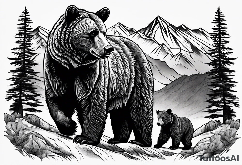 mamma bear and cub with mountains tattoo idea