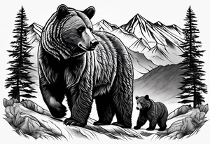 mamma bear and cub with mountains tattoo idea