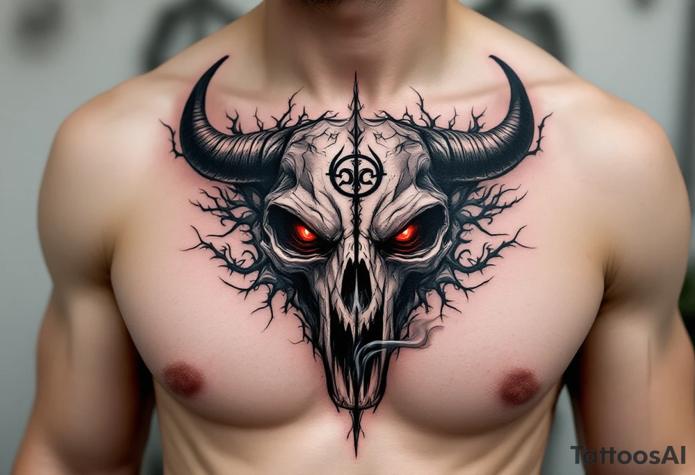 Abstract looking angry taurus skull chest tattoo with red eyes, taurus symbol in between eyes, smoke from the nose tattoo idea