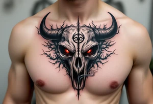 Abstract looking angry taurus skull chest tattoo with red eyes, taurus symbol in between eyes, smoke from the nose tattoo idea