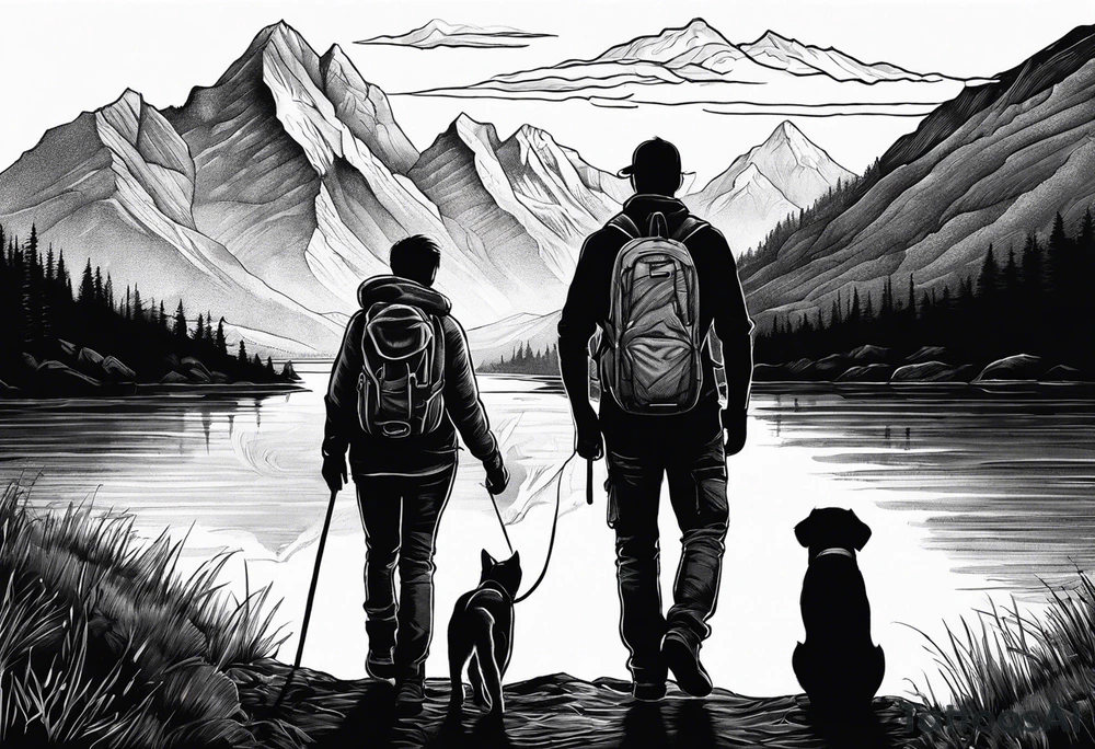 nature, sunset, mountains, a father and son hiking with their dog and cat by the water and a cross in the distance tattoo idea