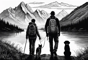 nature, sunset, mountains, a father and son hiking with their dog and cat by the water and a cross in the distance tattoo idea