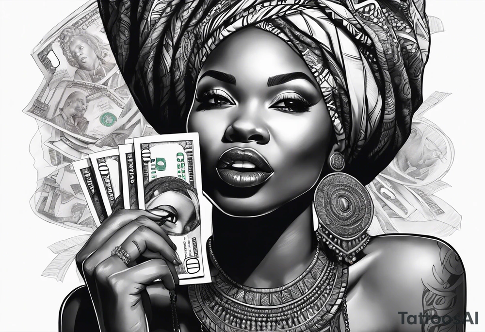 african woman biting money tattoo idea