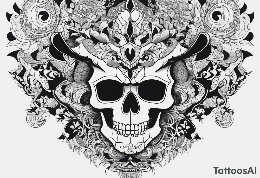A black-and-white silhouette illustration of a fantastical skull with intricate details, its face twisted into surreal, angular shapes. Wrapped around the skull is a dragon, its body coiled in a striking, dynamic pose, with sharp, bold outlines for its scales and features. Surrounding the main skull are several smaller skulls, each with distinct, abstract patterns formed from solid black lines and shapes. The overall design is rich in detail, but entirely in black and white, with no shading or gradients. The background is dark and minimalistic, with swirling, shadowy shapes that add a sense of mystery and the supernatural. The composition embodies dark fantasy, emphasizing death and creativity through sharp contrasts and striking silhouettes. tattoo idea
