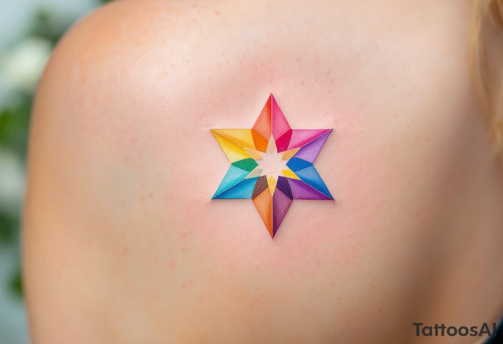 A rainbow-colored eight-pointed star tattoo celebrates inclusivity and universal love on shoulderblade tattoo idea