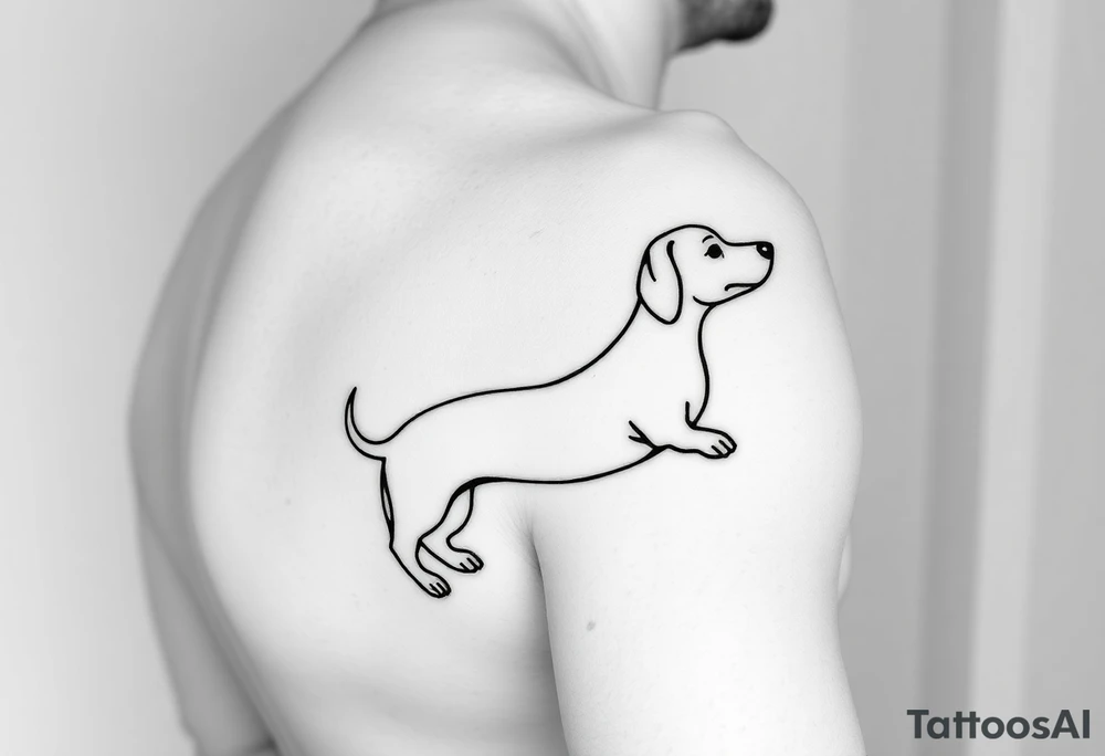 A minimalist black and white tattoo design featuring a dachshund (sausage dog). The dog’s long body forms a continuous, single bold line that wraps around the arm in a spiral, starting with the tail and ending with the head and face. The design should look elegant, clean, and playful, emphasizing the dachshund’s elongated shape and flowing movement around the arm. tattoo idea