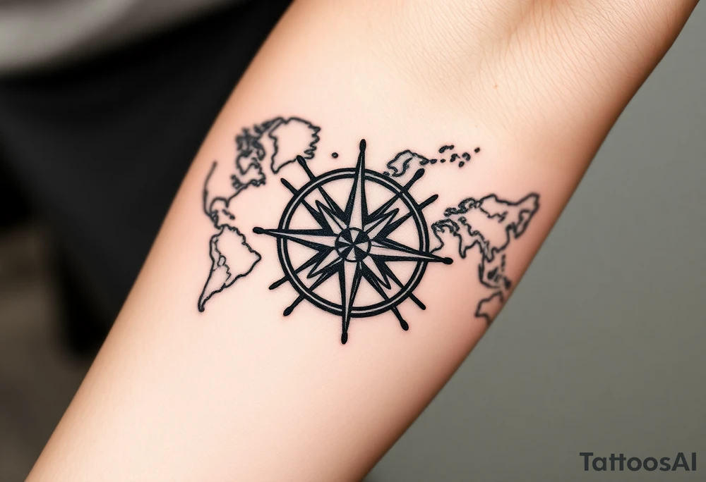 antique compass rose overlaid on weathered world map with sailing ships tattoo idea