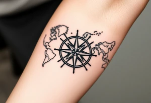 antique compass rose overlaid on weathered world map with sailing ships tattoo idea