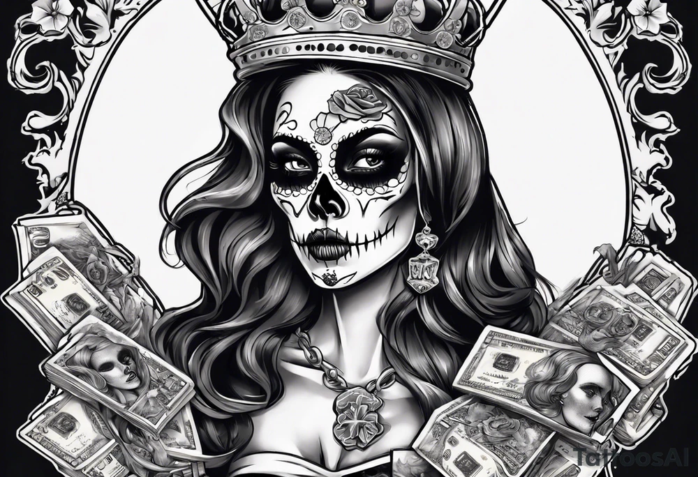santa la muerta with money and crown
on the card tattoo idea
