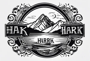 The word "HARK" as a banner with a mountain, a carabiner, compass, and a lake and pontoon in a circular design tattoo idea