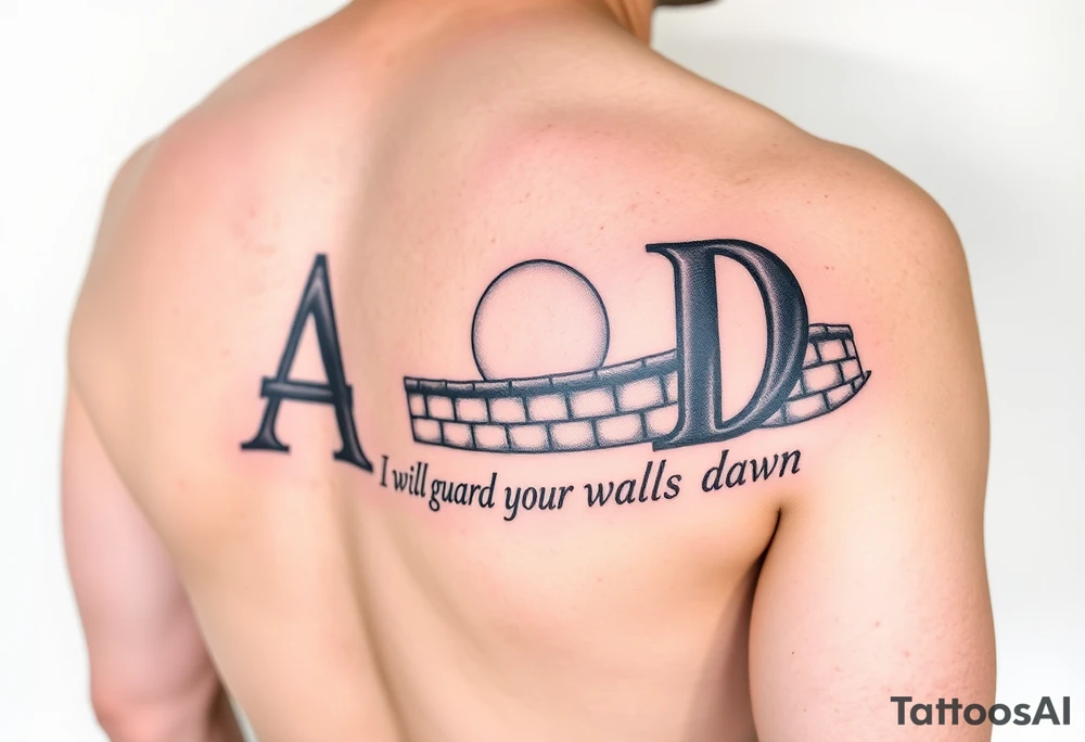 A sleeve tattoo on the right arm with the letters A and D in large letters combined and inside them the inscription "I will guard your walls until dawn" against a wall at sunrise tattoo idea