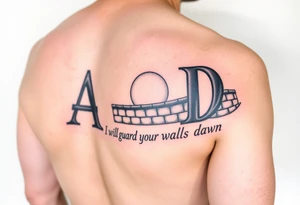 A sleeve tattoo on the right arm with the letters A and D in large letters combined and inside them the inscription "I will guard your walls until dawn" against a wall at sunrise tattoo idea