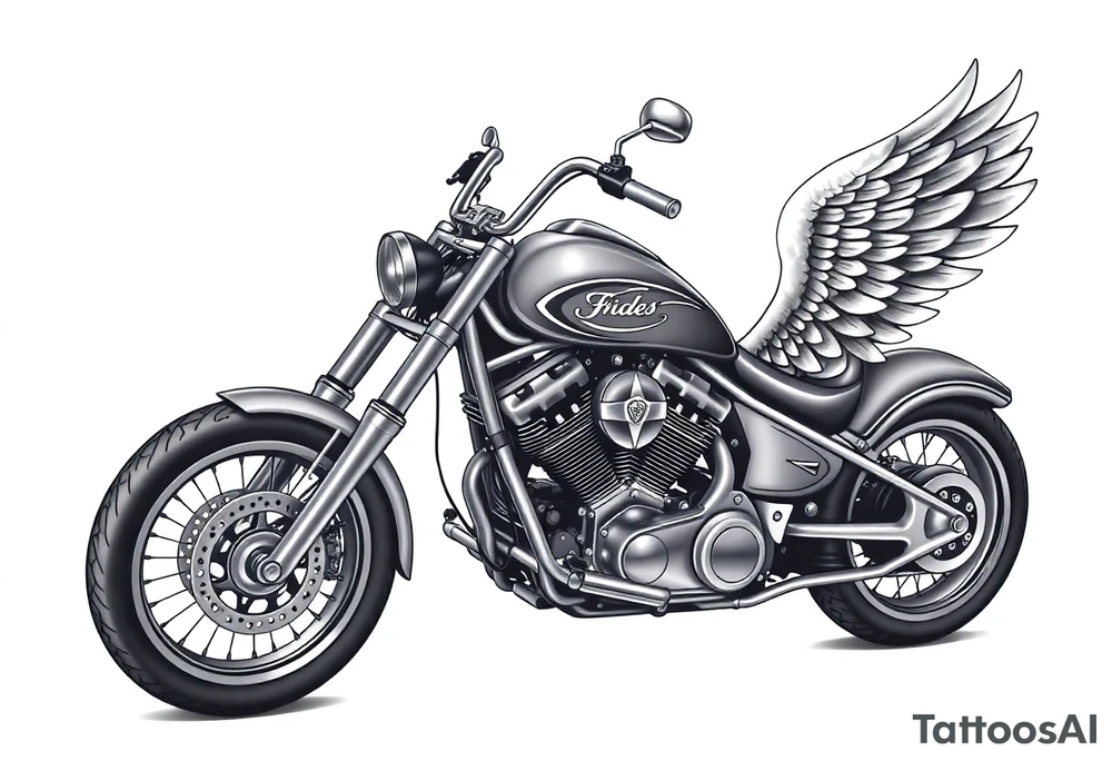Low rider grey motorcycle, flames, angel wings tattoo idea
