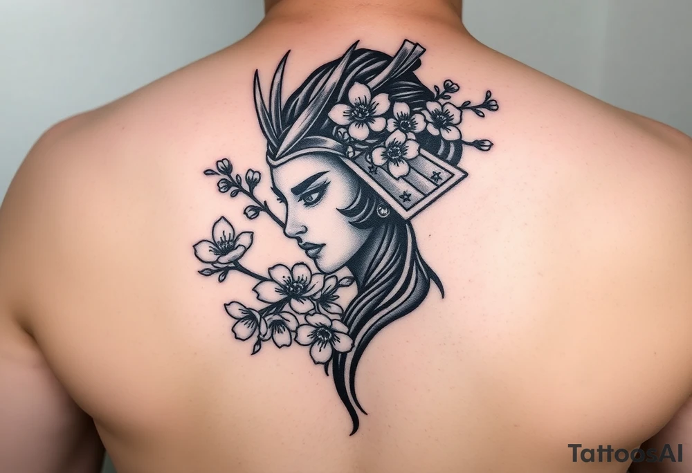 Samurai women face
 with a with cherry blossom with wind tattoo idea