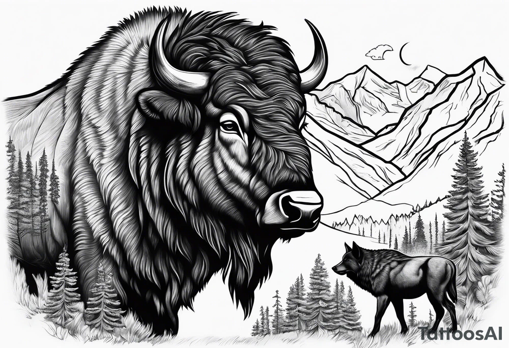 Montana mountains cowboy bison wolf tattoo idea