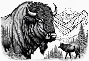 Montana mountains cowboy bison wolf tattoo idea