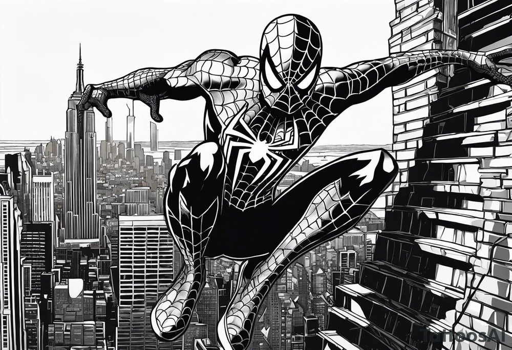 The tattoo shows Spider-Man in a dynamic pose, climbing up a building with webs floating around him. His costume is intricately detailed with the iconic spider patterns, and his white eyes are expressive and vivid. The New York City skyline is depicted in the background, with shadows and details adding depth to the scene. tattoo idea
