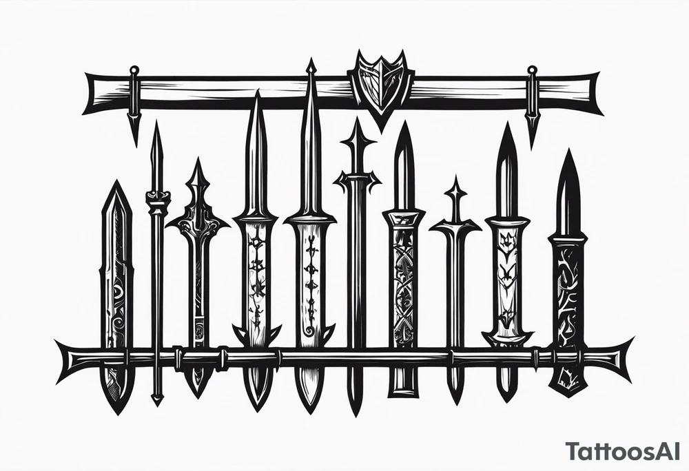 Medieval weapons rack with 4 different kind of bats hanging from 4 of the 6 open spaces. tattoo idea