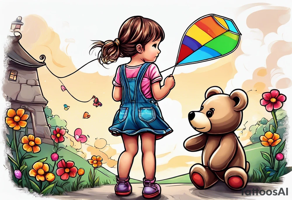 back image of a little girl in a dress, flying a kite and a teddy bear in overalls, standing beside her tattoo idea