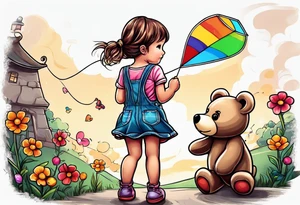 back image of a little girl in a dress, flying a kite and a teddy bear in overalls, standing beside her tattoo idea