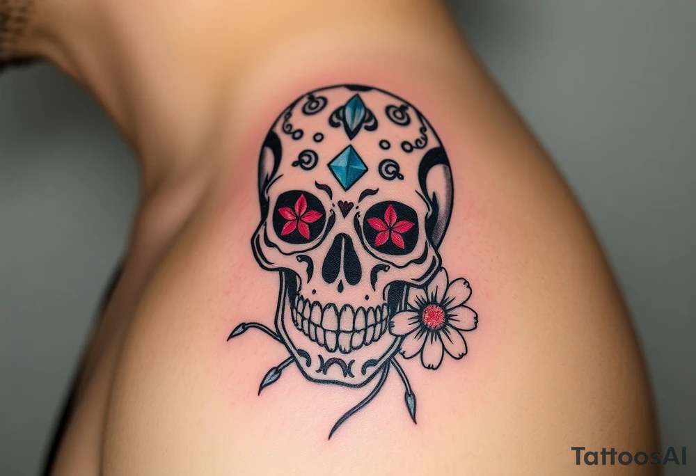 Masculine sugar skull with diamond gemstone eyes and daisy tattoo idea