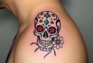 Masculine sugar skull with diamond gemstone eyes and daisy tattoo idea