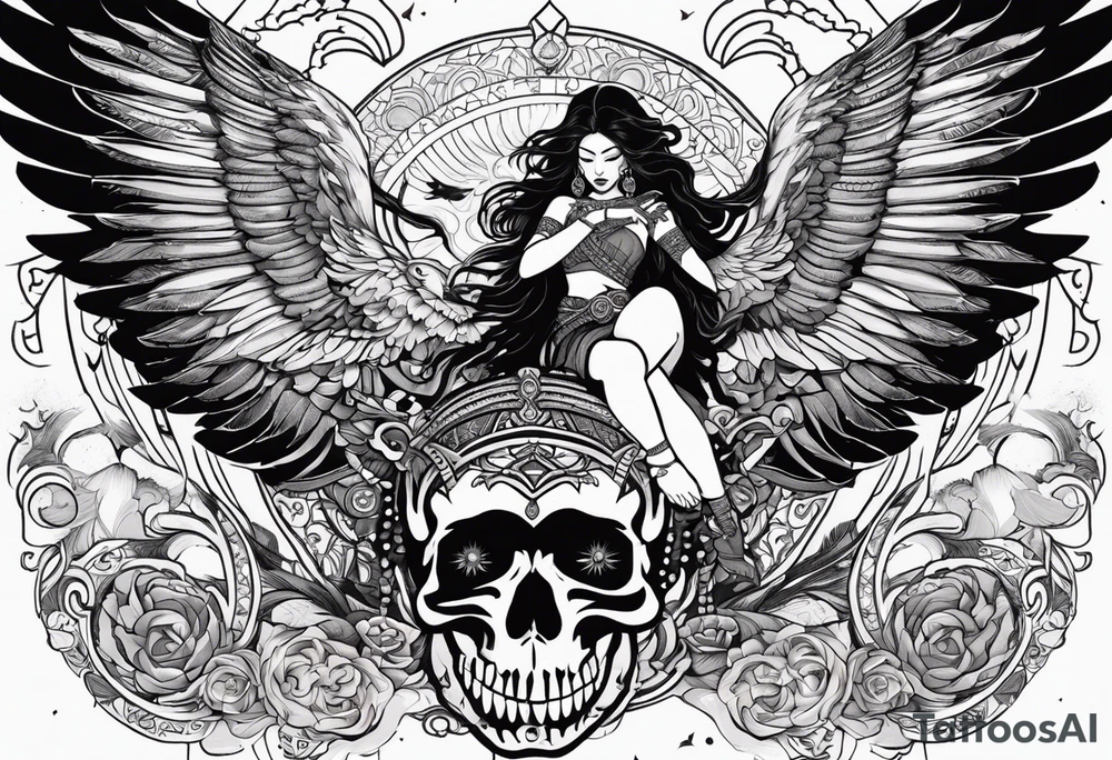 black kali, goddess pirate, alien, angel, pachamama, valkrye, warrior, flying, skull, lotus azul, wing, eagle, zenza resonance, stars, 5D, anahata chakra, death, durga, riding on a tiger, flying lady tattoo idea