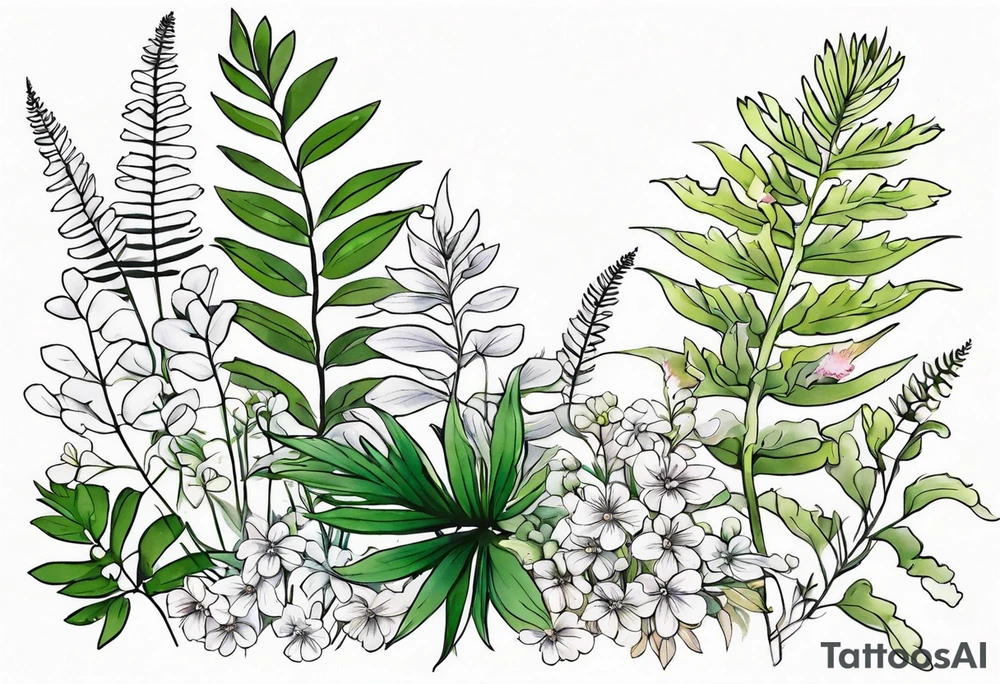vertical mixed wildflower with ferns and with light color tattoo idea