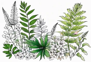 vertical mixed wildflower with ferns and with light color tattoo idea