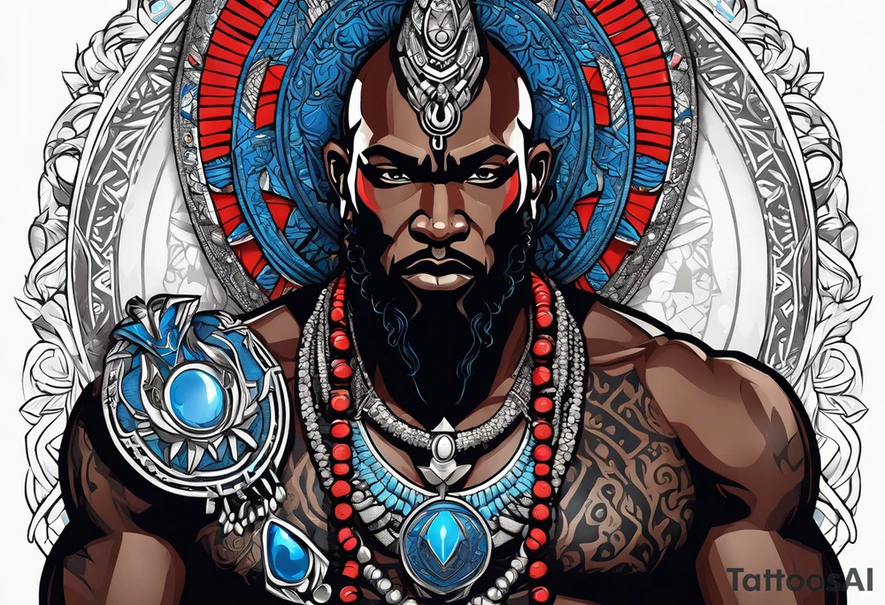 Black-skinned african god of war with a small silver crown, no armor, and two ball necklaces: one blue, other red tattoo idea