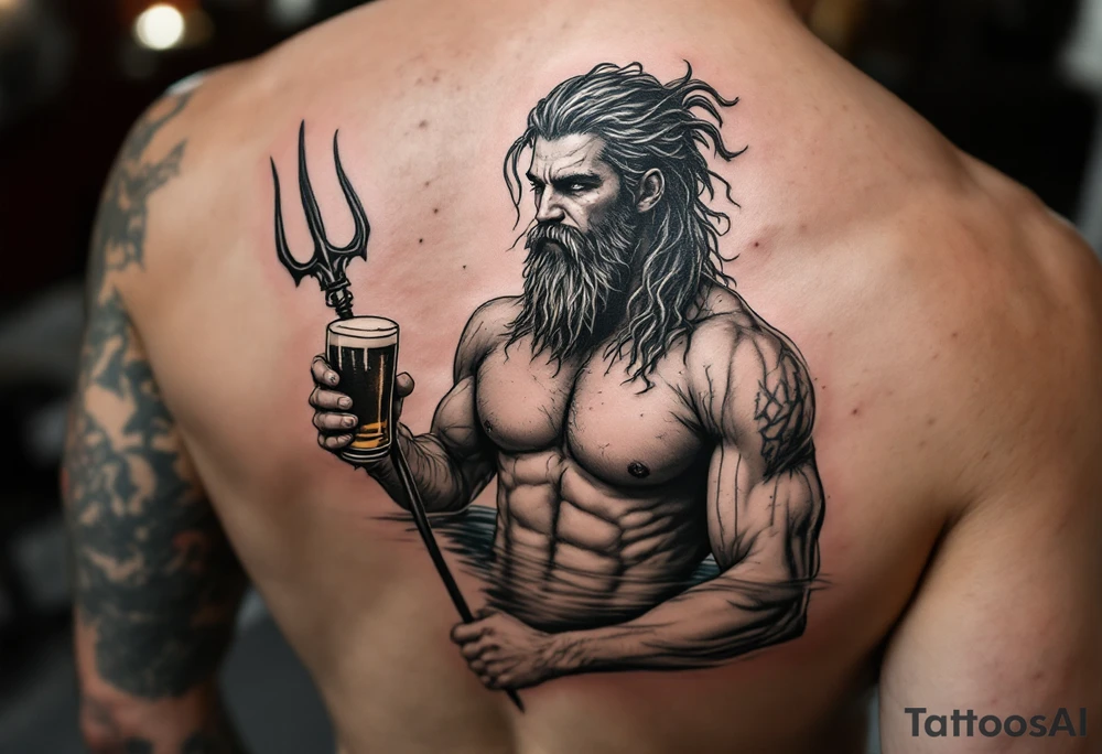 young, fit poseidon in calm water, holding a trident, drinking a beer, with foot on his bicep tattoo idea