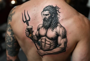 young, fit poseidon in calm water, holding a trident, drinking a beer, with foot on his bicep tattoo idea