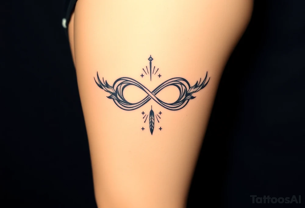 infinity symbol woven with floating feathers and stardust tattoo idea