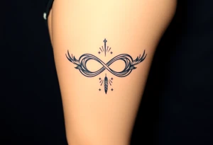 infinity symbol woven with floating feathers and stardust tattoo idea