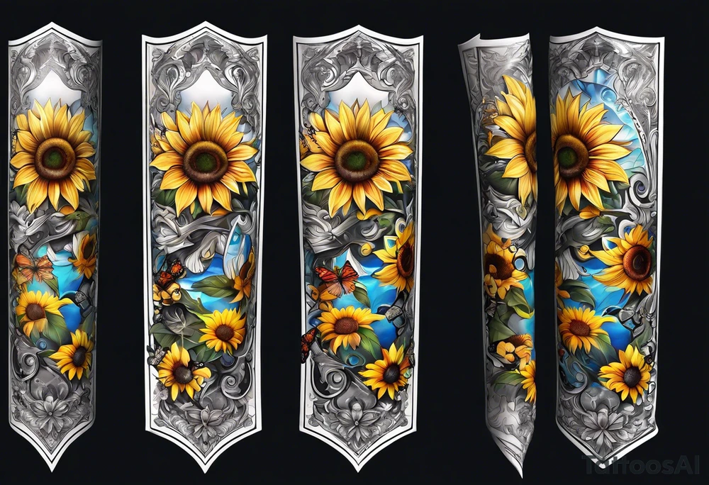 Arm sleeve with Winged cross with sunflower and butterflies tattoo idea