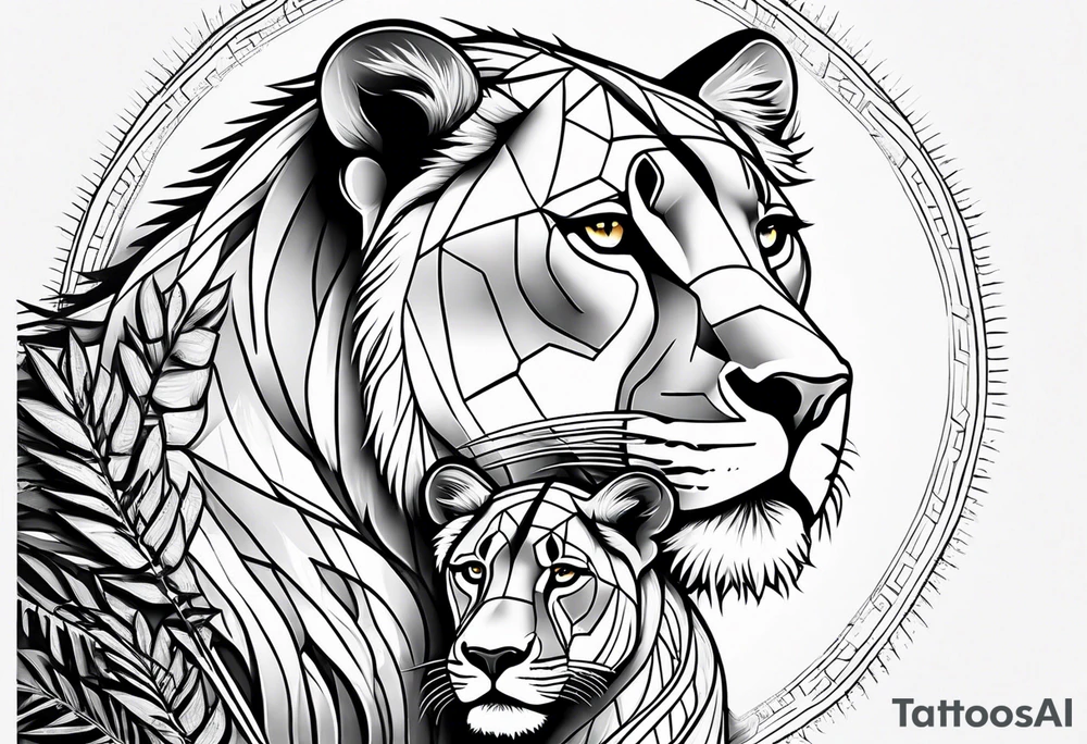 lioness and cub sun palm tree tattoo idea