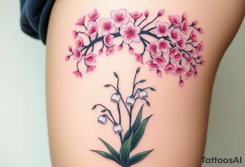White lily in the valley bells underneath a cherry blossom tree that's blooming tattoo idea
