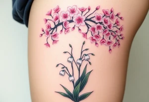 White lily in the valley bells underneath a cherry blossom tree that's blooming tattoo idea