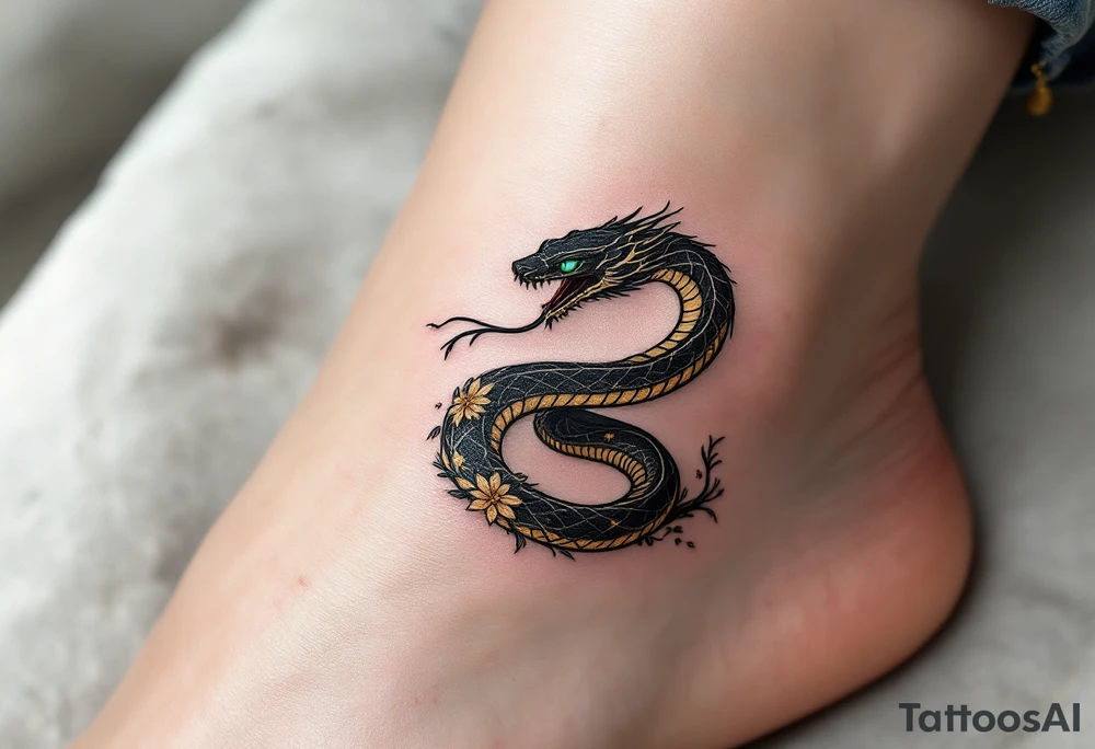 A sleek black and gold serpent, coiled elegantly around a crescent moon, with shimmering emerald-green eyes. Its scales are detailed with subtle iridescent highlights, and its tongue flickers as if whispering secrets. Delicate floral accents wrap around the tail, symbolizing transformation and rebirth. tattoo idea