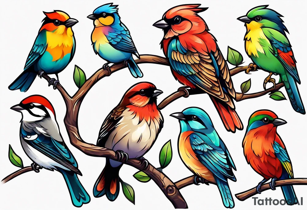 Seven small, colorful birds tattoo idea